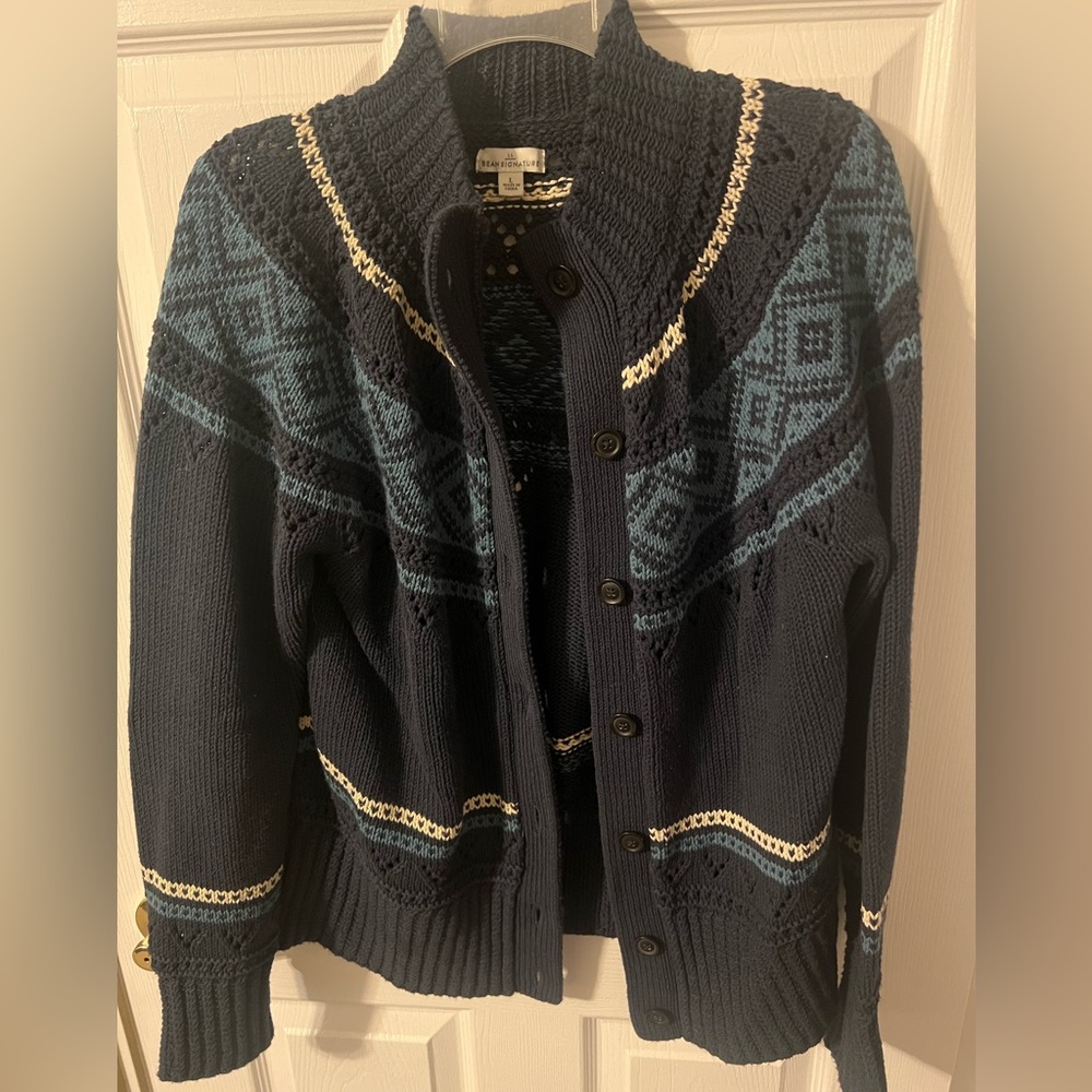 LL Bean Signature Cotton Fisherman Button Front Cardigan Sweater, Navy Fair Isle
